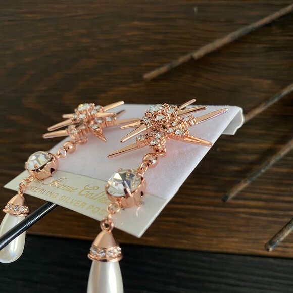 Rose Gold Starburst Swarovski Crystal Dangle Earrings - Picture 3 of 7